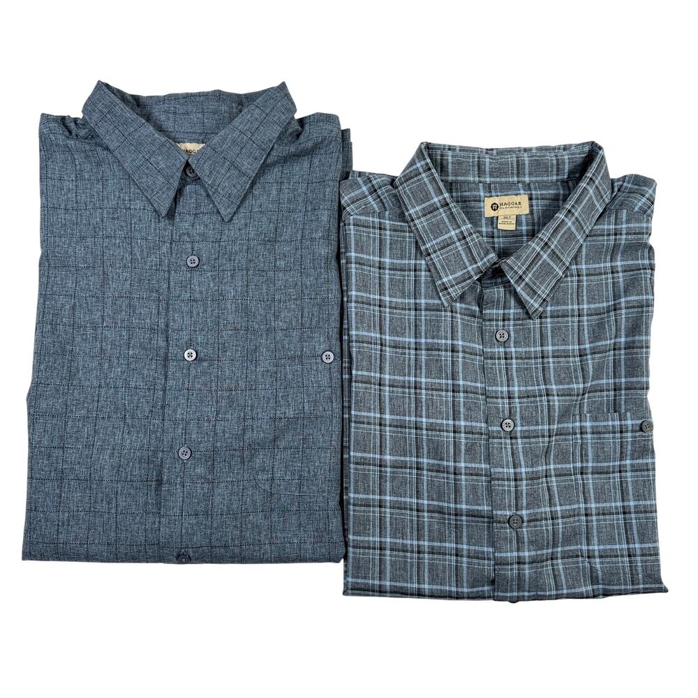 Lot of 2 Haggar Mens 3XLT Short Sleeve Button Down Shirts Blue Plaid Big Tall